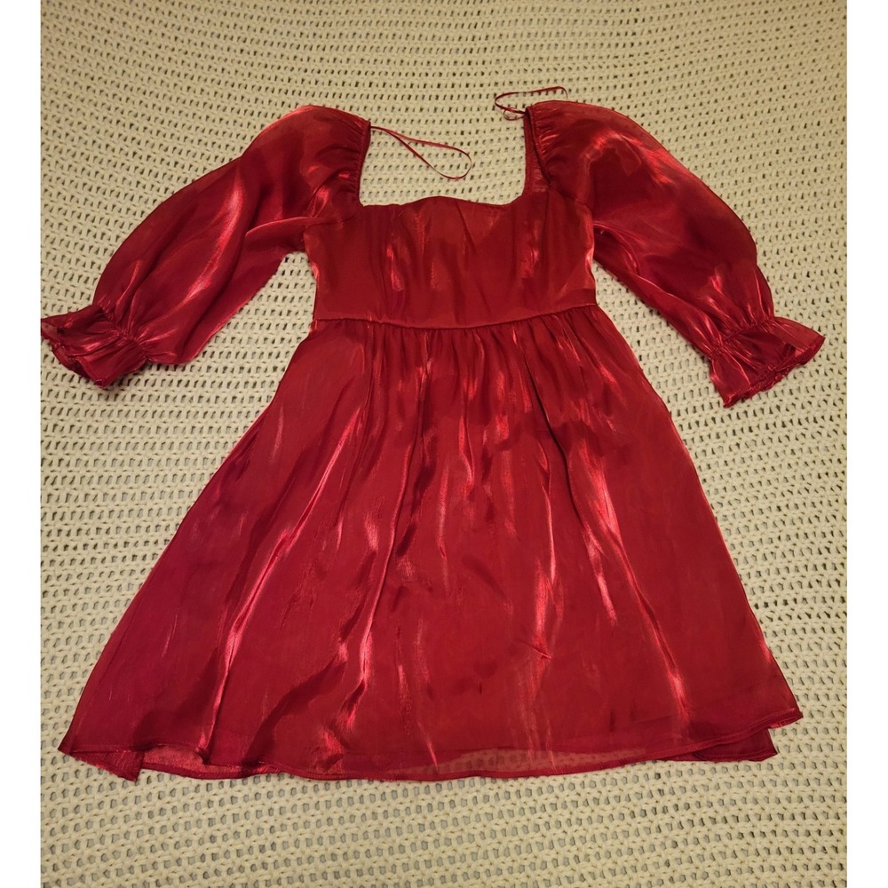 Red Babydoll Minidress Sheer Puff Sleeves Ruffled Cuffs Square Neckline Medium - Picture 4 of 10